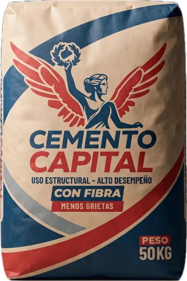 Bulto de 50 kg de Cemento Capital en papel kraft, con el Ángel de la Independencia, el sello Con fibra y la leyenda Menos grietas.